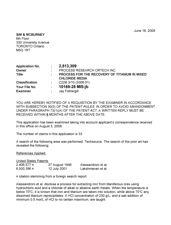 Document de brevet canadien 2513309. Poursuite-Amendment 20090616. Image 1 de 3