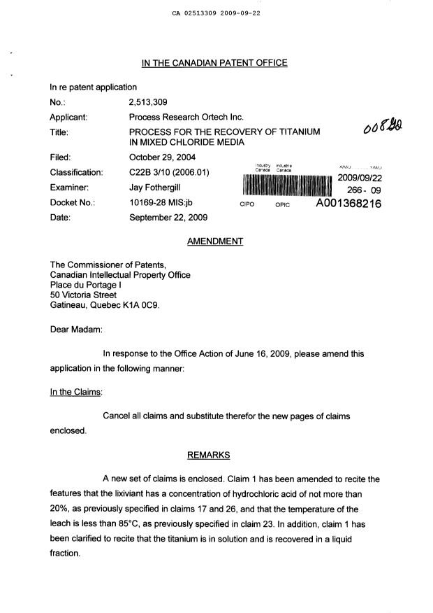 Canadian Patent Document 2513309. Prosecution-Amendment 20090922. Image 1 of 9