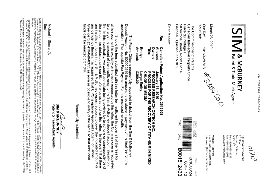 Document de brevet canadien 2513309. Correspondance 20100324. Image 1 de 1