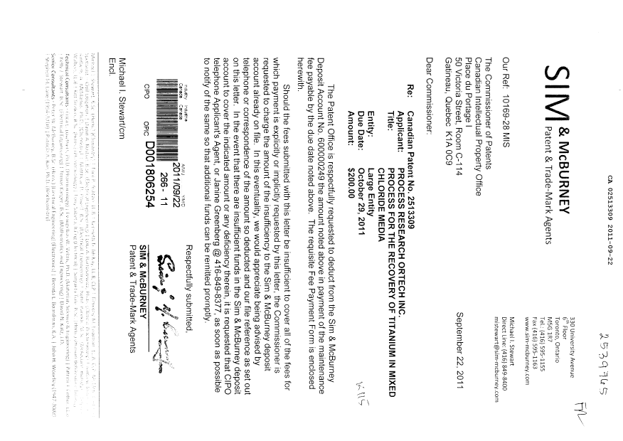Document de brevet canadien 2513309. Taxes 20110922. Image 1 de 1