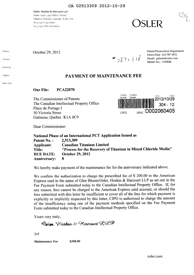 Canadian Patent Document 2513309. Fees 20121029. Image 1 of 1