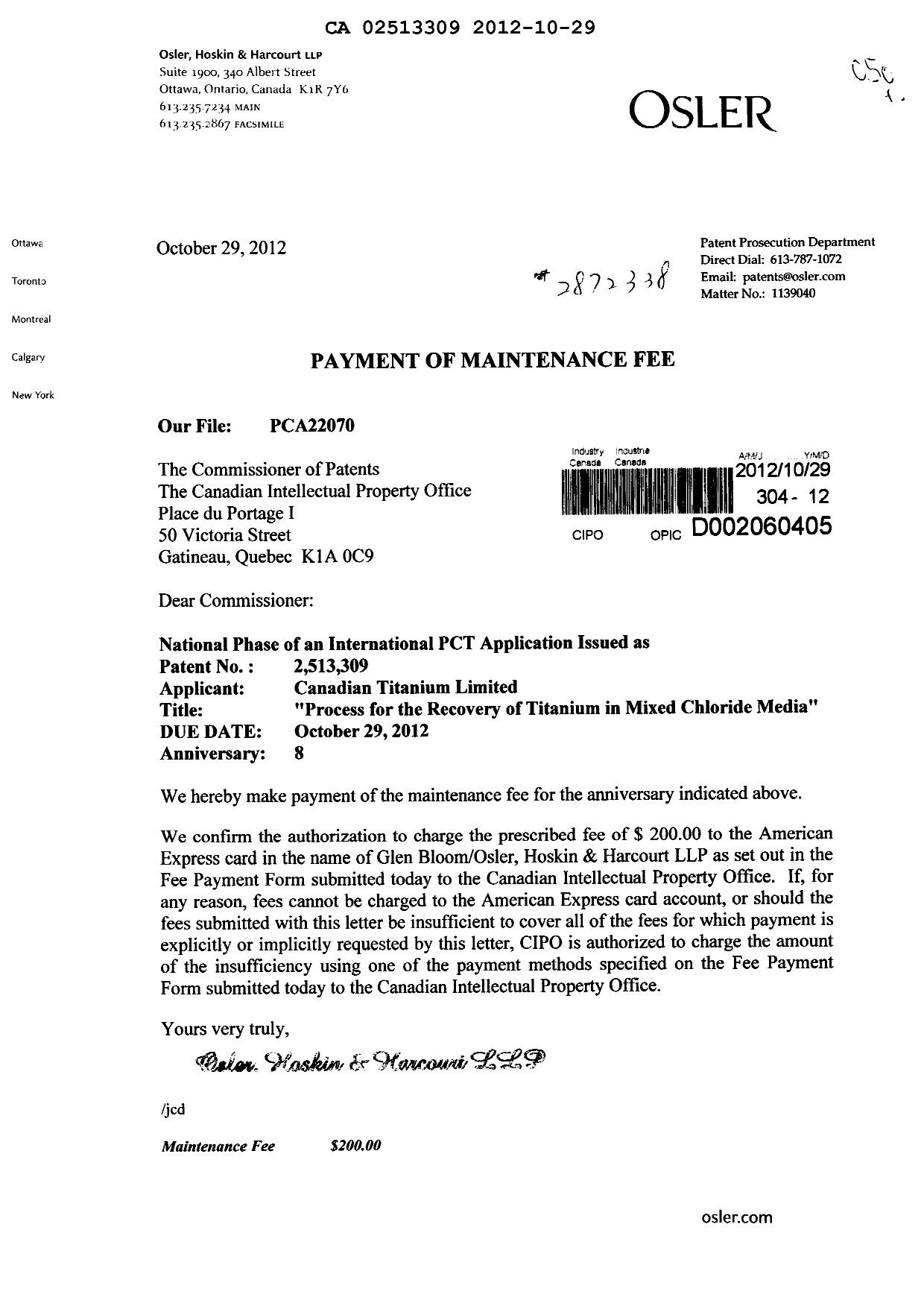 Document de brevet canadien 2513309. Taxes 20121029. Image 1 de 1