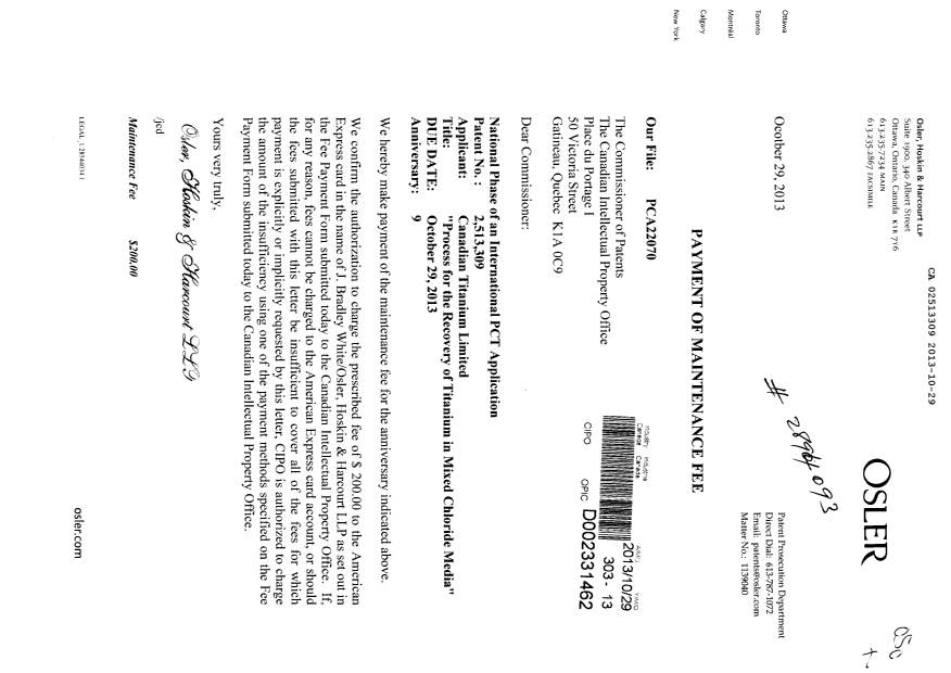 Canadian Patent Document 2513309. Fees 20131029. Image 1 of 1