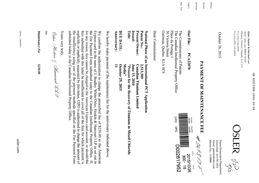 Document de brevet canadien 2513309. Paiement de taxe périodique 20151026. Image 1 de 1