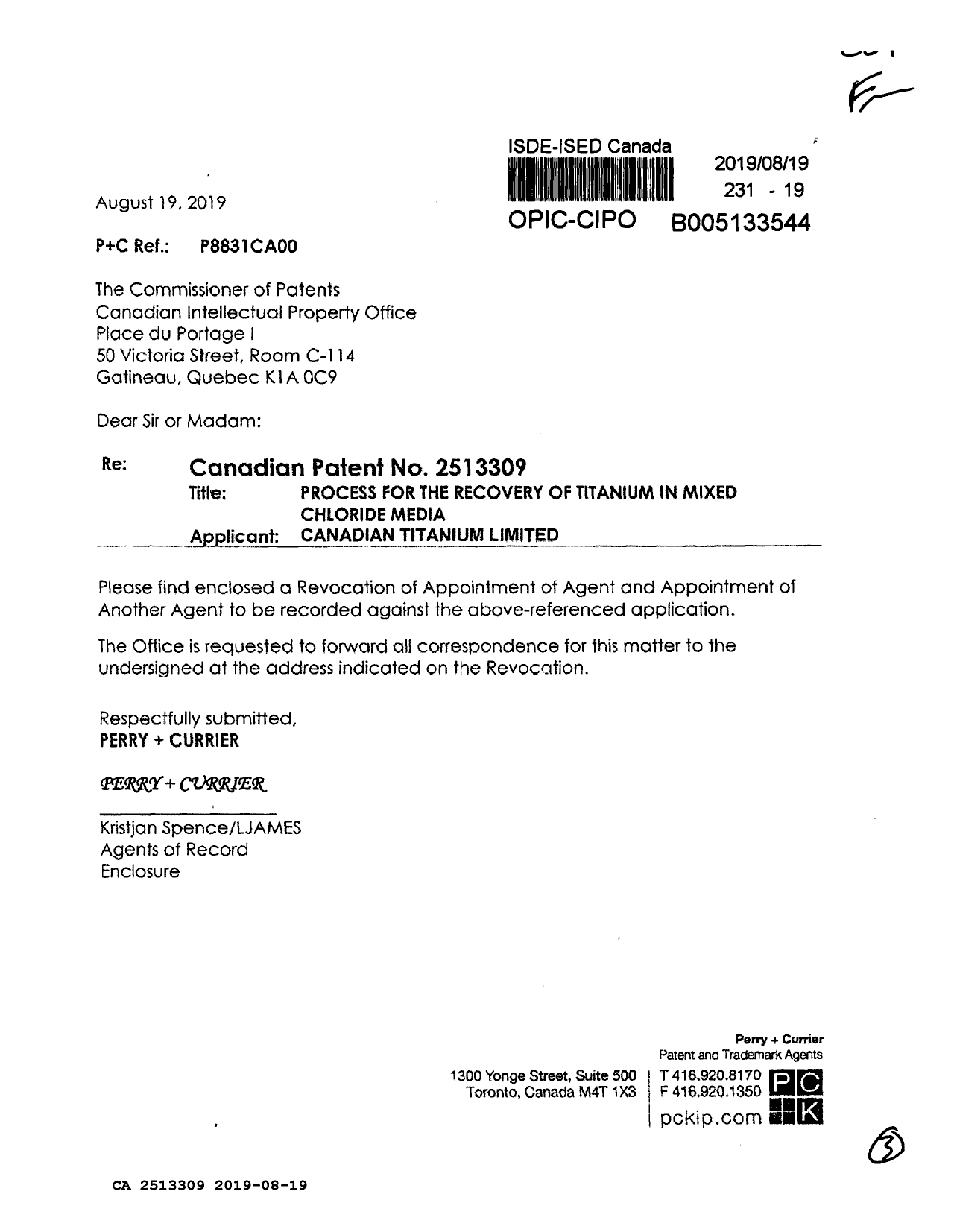 Document de brevet canadien 2513309. Changement de nomination d'agent 20190819. Image 1 de 3
