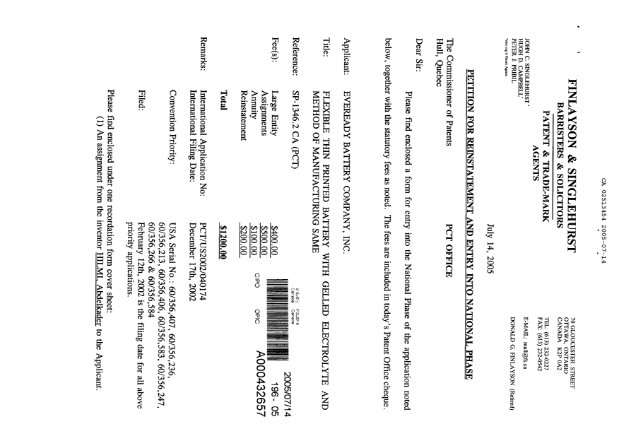 Document de brevet canadien 2513454. Cession 20050714. Image 1 de 14