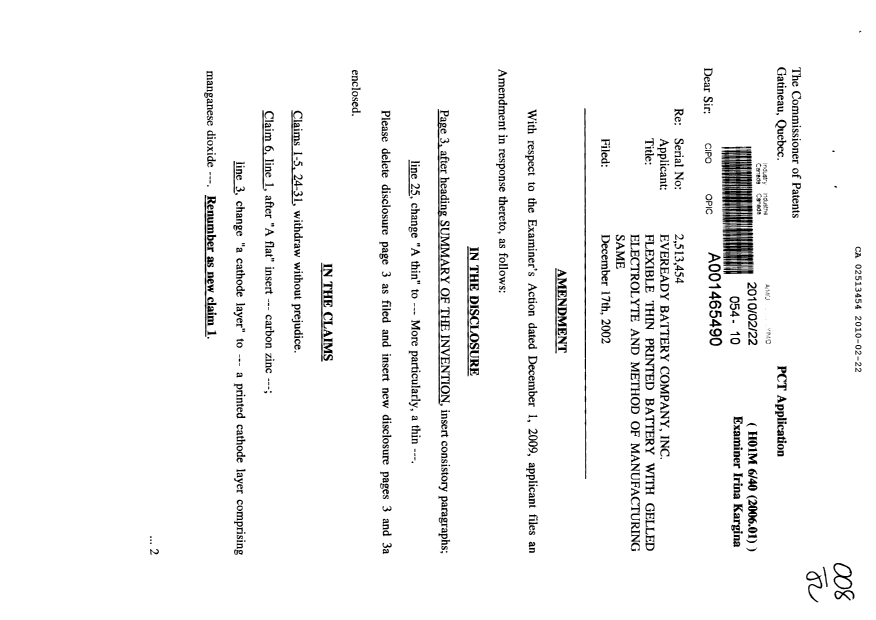 Document de brevet canadien 2513454. Poursuite-Amendment 20100222. Image 1 de 10