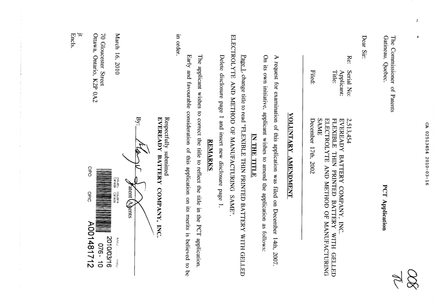 Document de brevet canadien 2513454. Poursuite-Amendment 20100316. Image 1 de 2