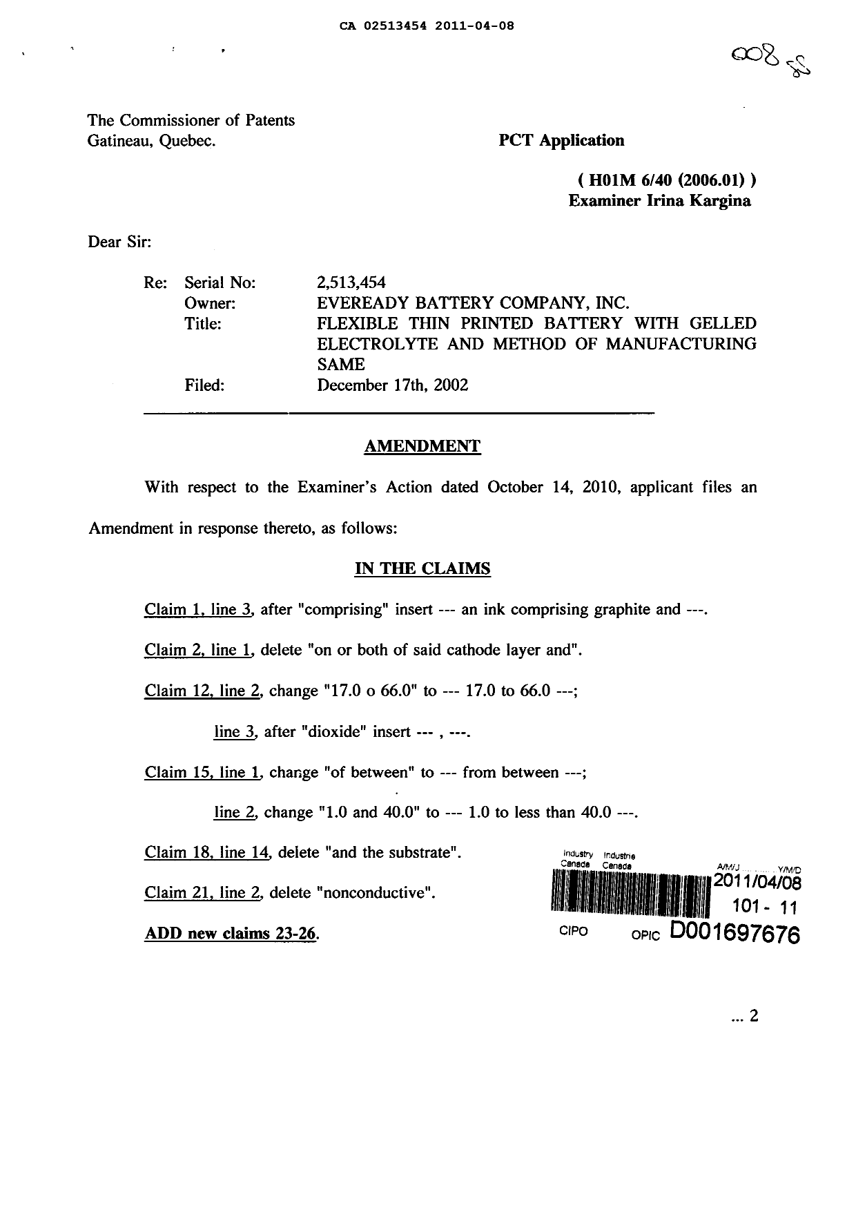Document de brevet canadien 2513454. Poursuite-Amendment 20110408. Image 1 de 13