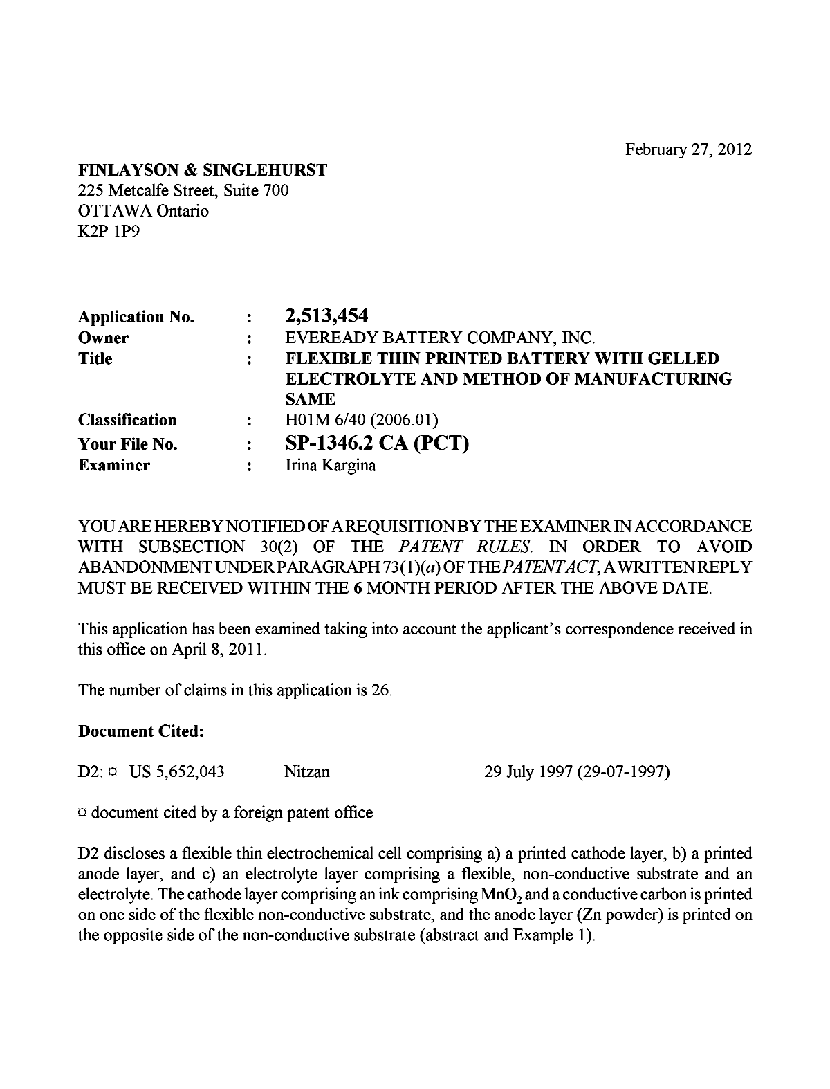 Document de brevet canadien 2513454. Poursuite-Amendment 20120227. Image 1 de 4