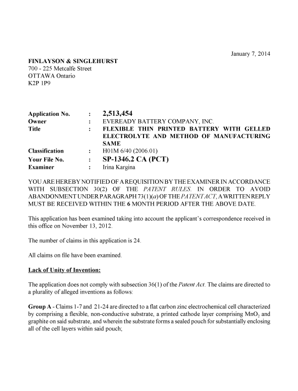 Canadian Patent Document 2513454. Prosecution-Amendment 20140107. Image 1 of 5