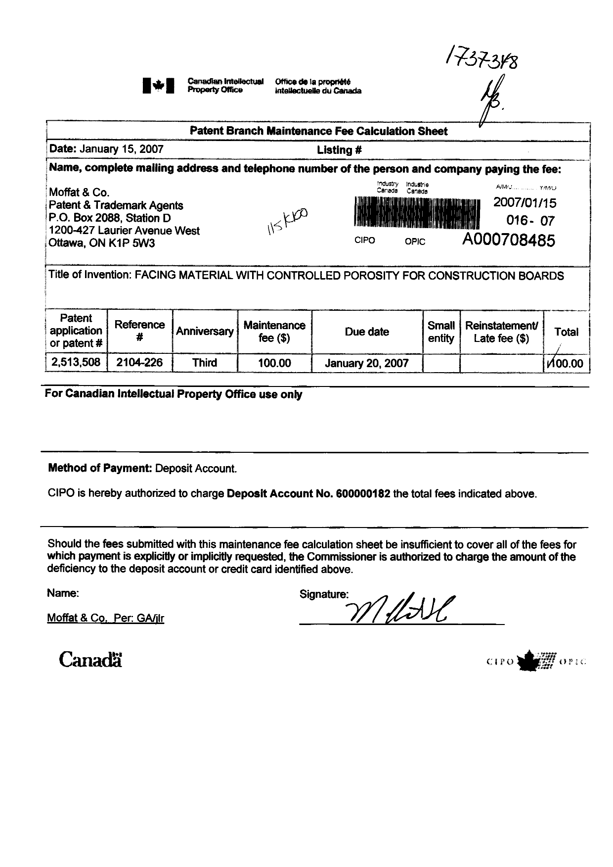 Document de brevet canadien 2513508. Taxes 20070115. Image 1 de 1