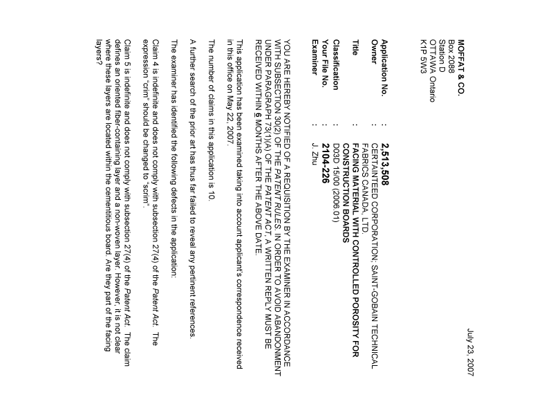 Document de brevet canadien 2513508. Poursuite-Amendment 20070723. Image 1 de 2