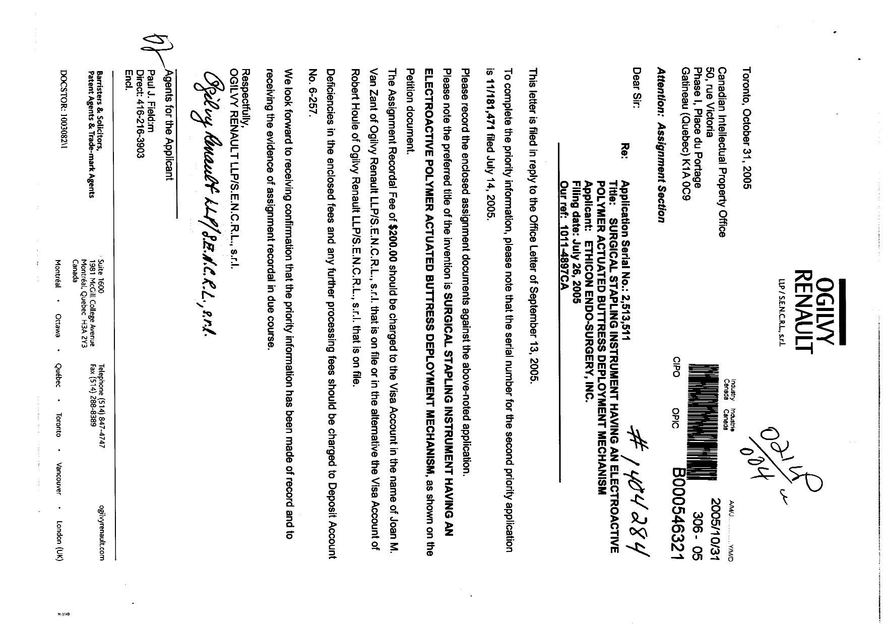 Canadian Patent Document 2513511. Correspondence 20051031. Image 1 of 1