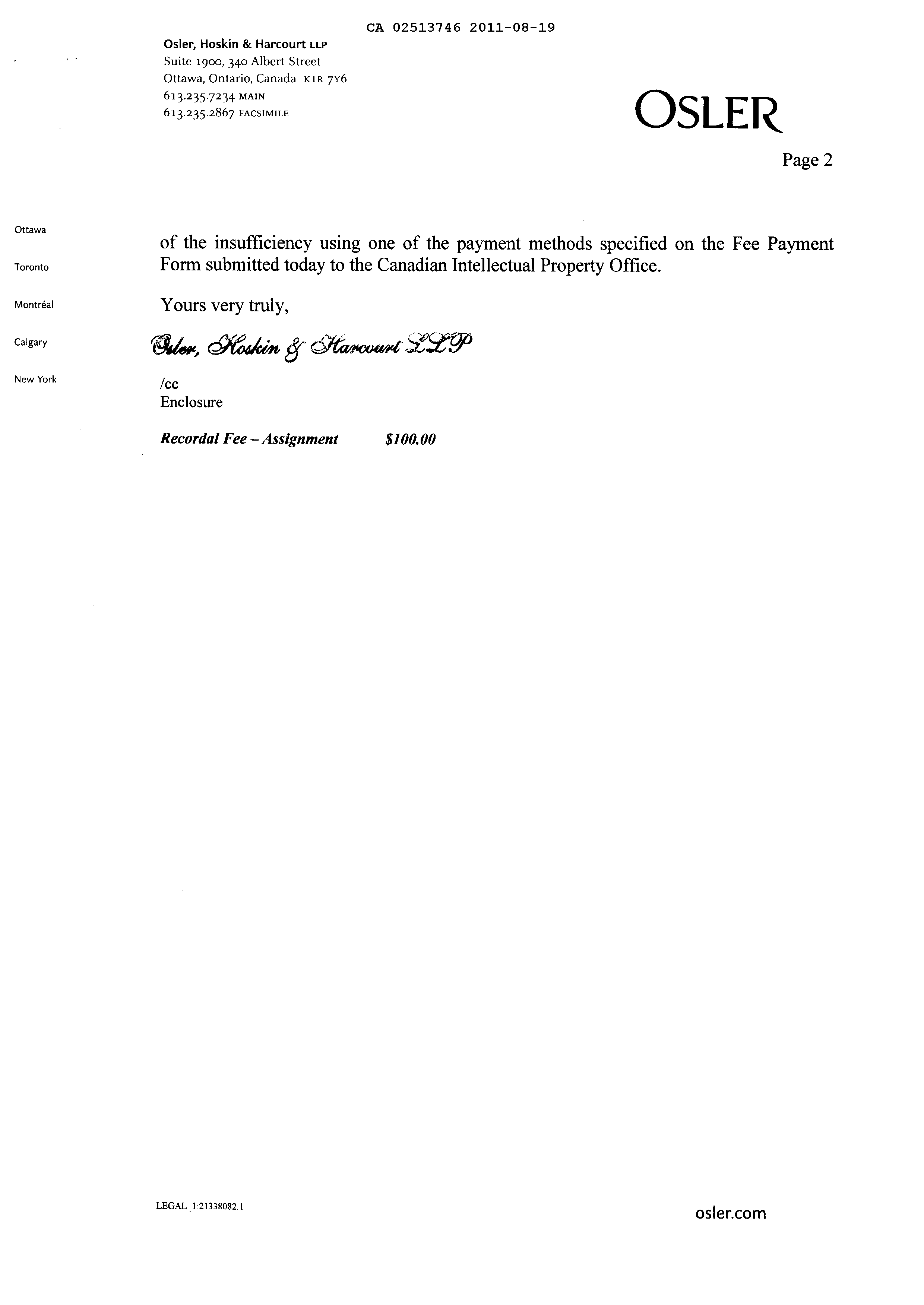 Canadian Patent Document 2513746. Assignment 20101219. Image 2 of 12