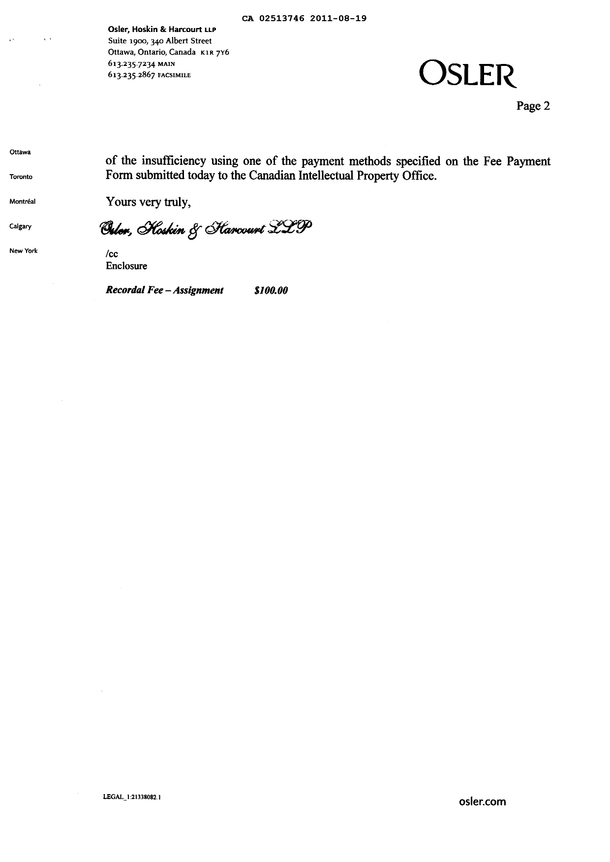 Document de brevet canadien 2513746. Cession 20101219. Image 2 de 12