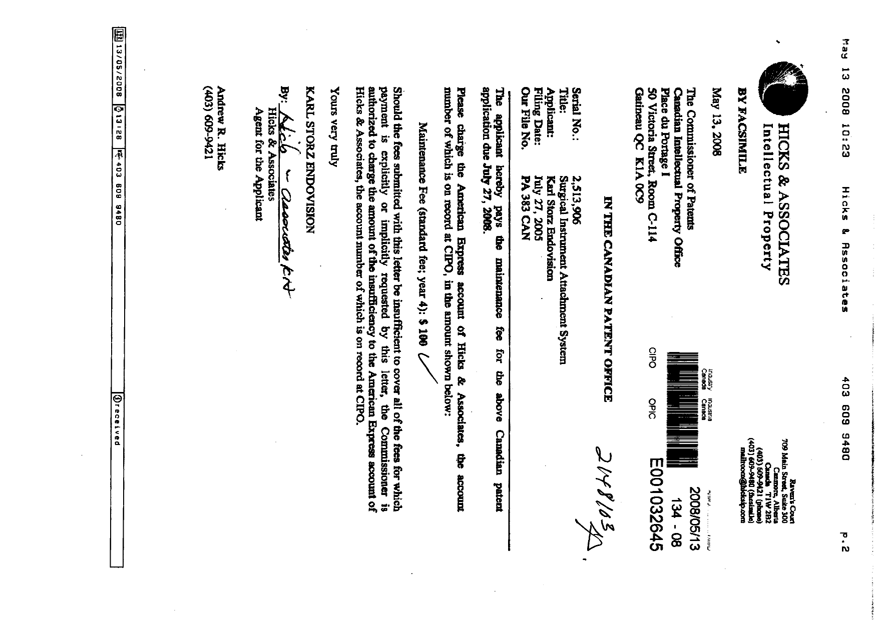 Canadian Patent Document 2513906. Fees 20071213. Image 1 of 2