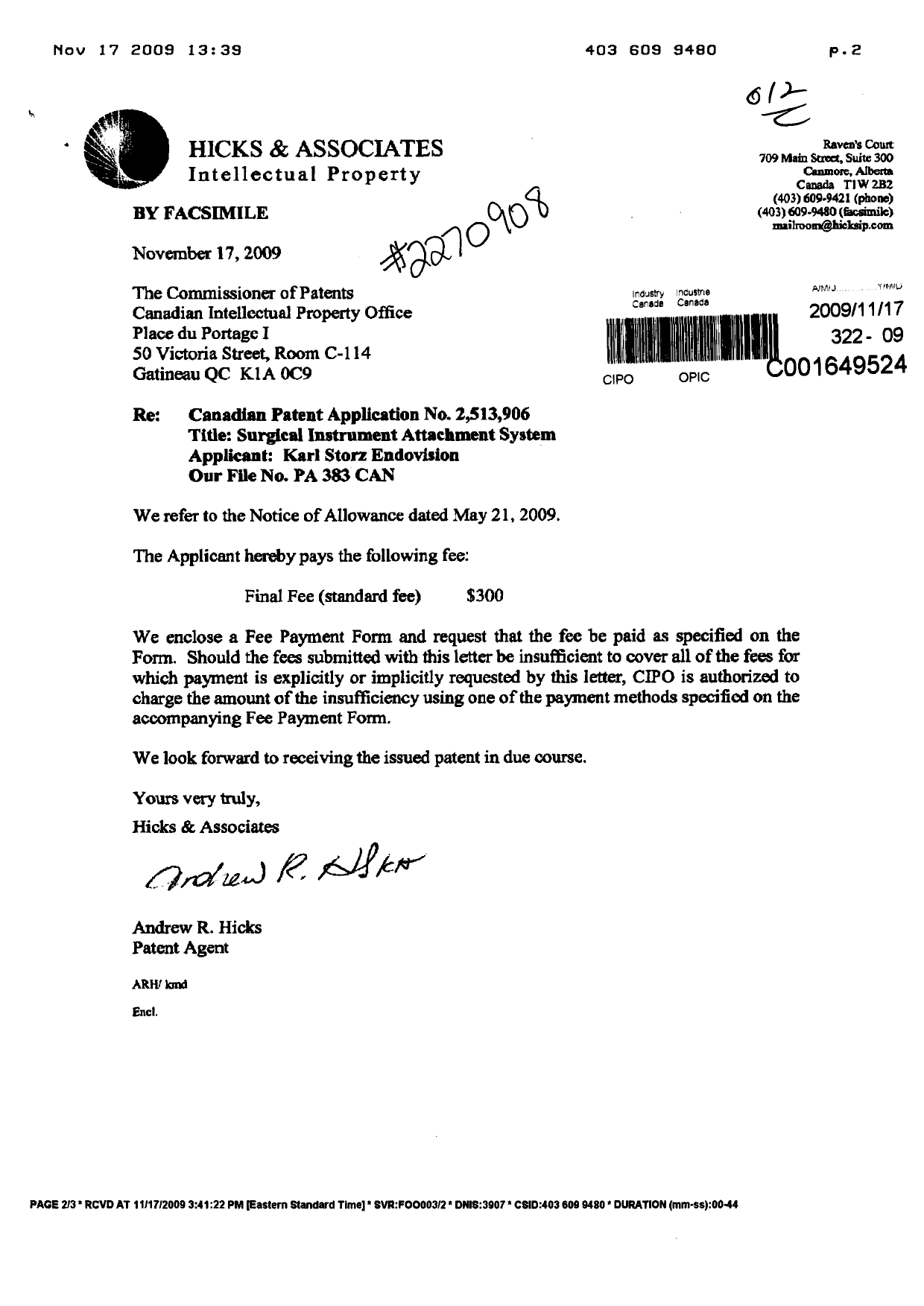 Document de brevet canadien 2513906. Correspondance 20081217. Image 1 de 2