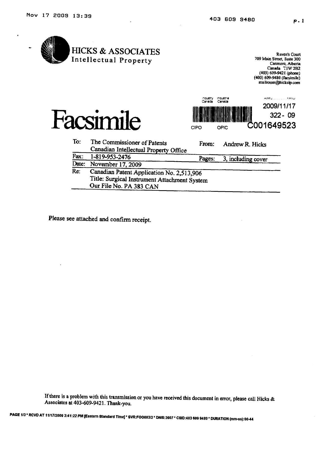 Document de brevet canadien 2513906. Correspondance 20081217. Image 2 de 2