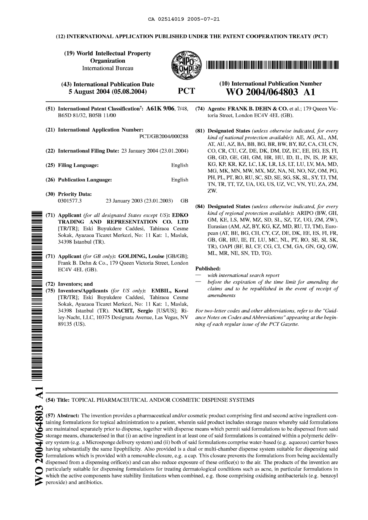 Document de brevet canadien 2514019. Abrégé 20050721. Image 1 de 1