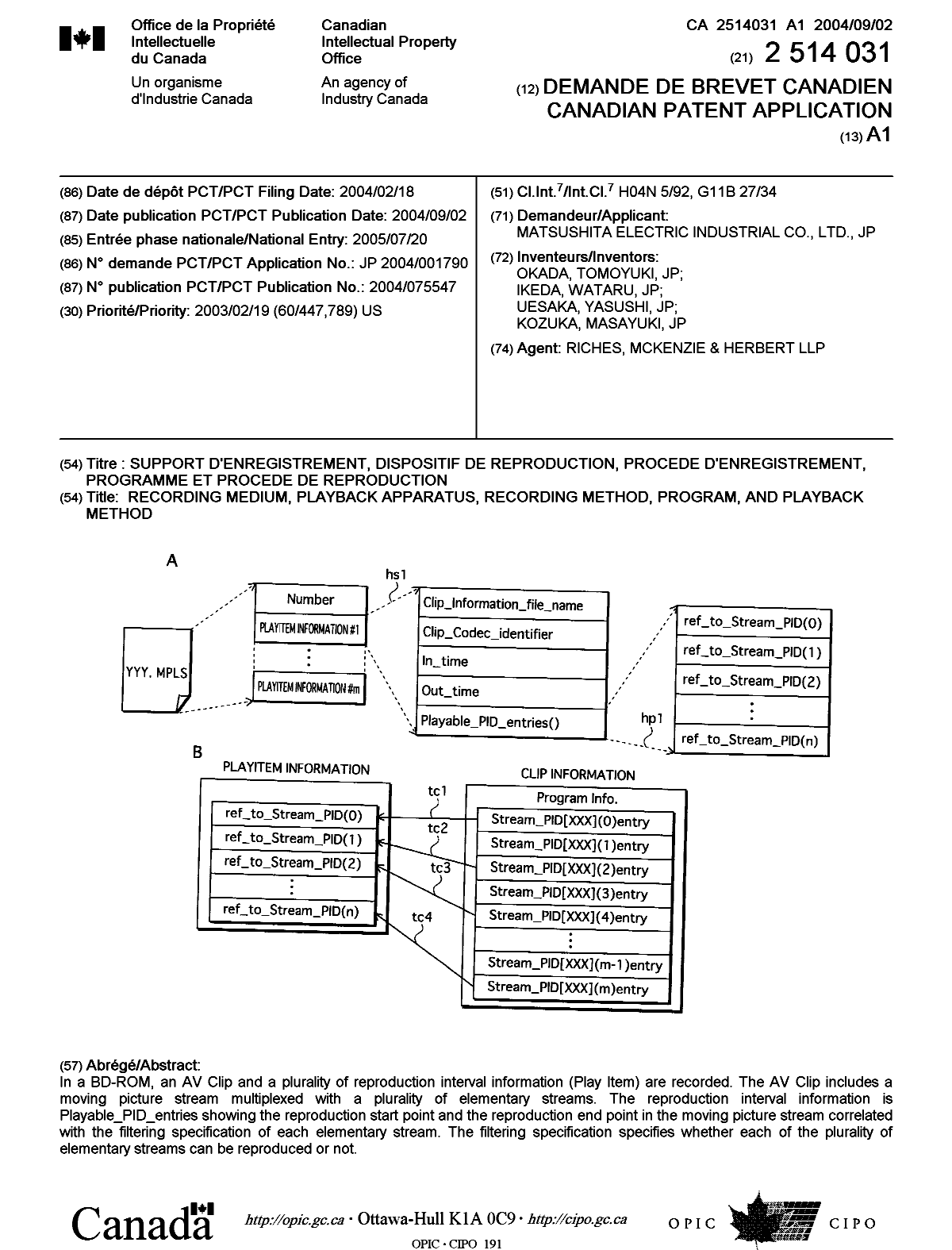 Document de brevet canadien 2514031. Page couverture 20051006. Image 1 de 1