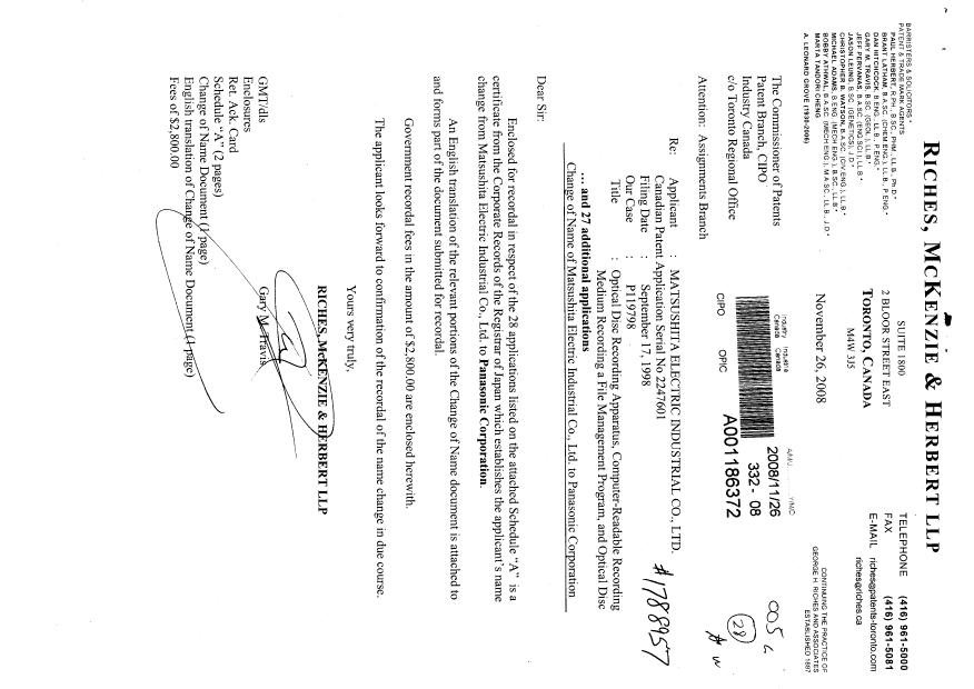 Document de brevet canadien 2514031. Cession 20081126. Image 1 de 5