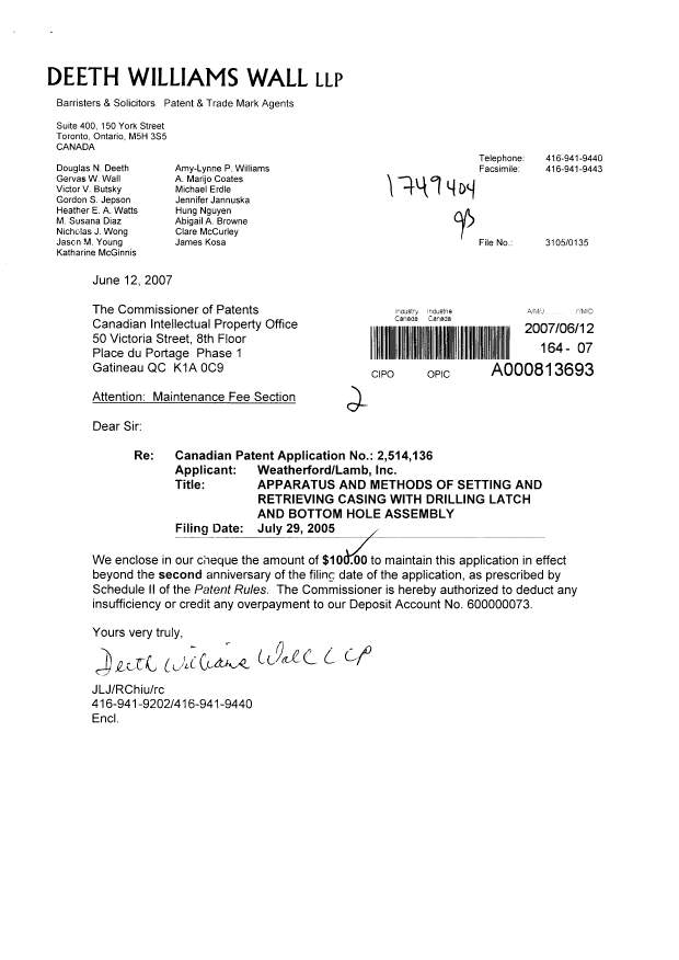 Document de brevet canadien 2514136. Taxes 20070612. Image 1 de 1