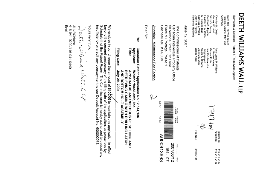 Canadian Patent Document 2514136. Fees 20070612. Image 1 of 1