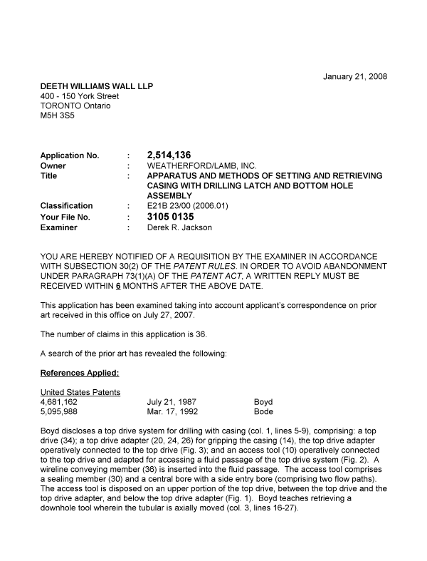 Canadian Patent Document 2514136. Prosecution-Amendment 20080121. Image 1 of 3