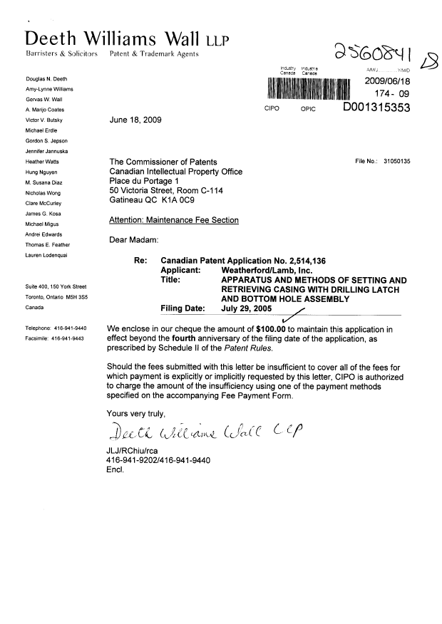 Document de brevet canadien 2514136. Taxes 20090618. Image 1 de 1