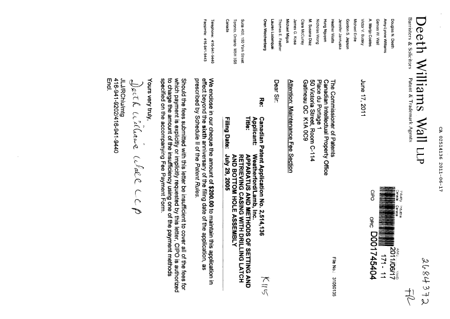 Canadian Patent Document 2514136. Fees 20110617. Image 1 of 1