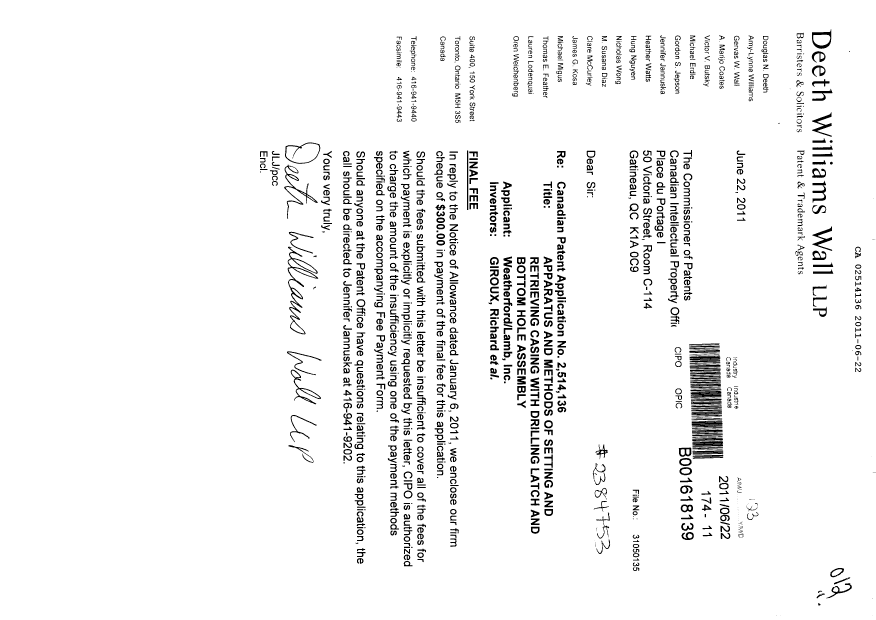 Canadian Patent Document 2514136. Correspondence 20110622. Image 1 of 1