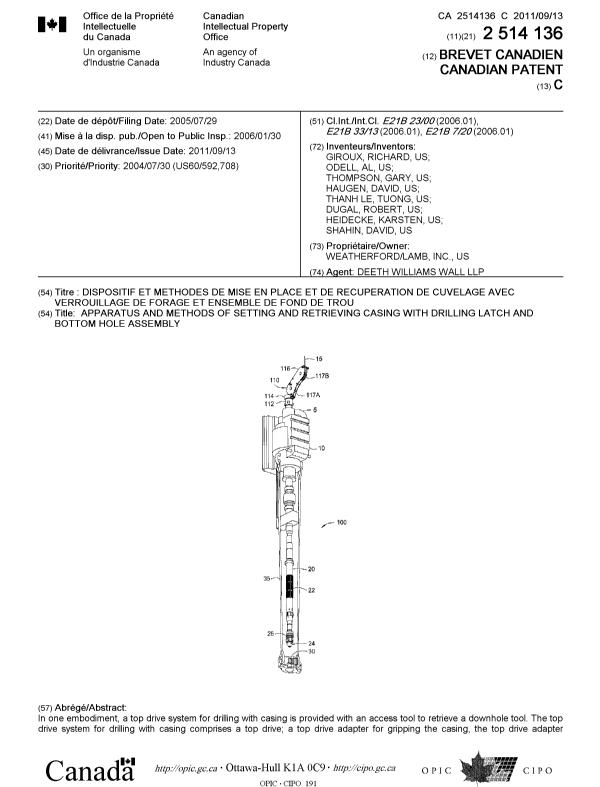 Document de brevet canadien 2514136. Page couverture 20110809. Image 1 de 2