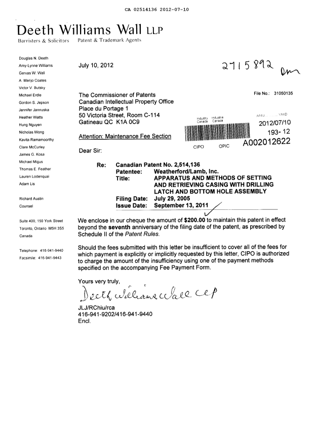 Document de brevet canadien 2514136. Taxes 20120710. Image 1 de 1