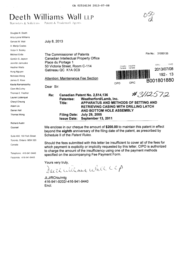 Document de brevet canadien 2514136. Taxes 20130708. Image 1 de 1