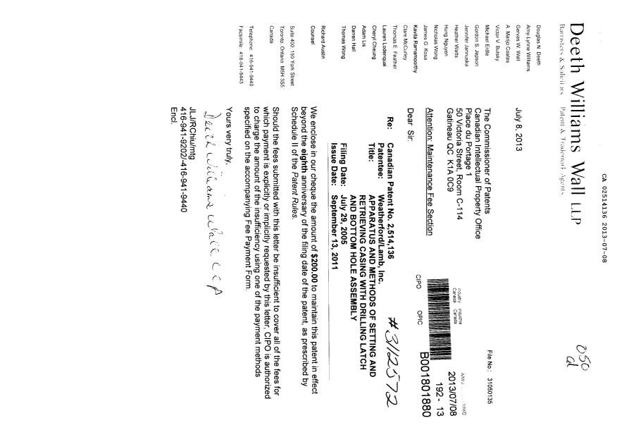 Canadian Patent Document 2514136. Fees 20130708. Image 1 of 1