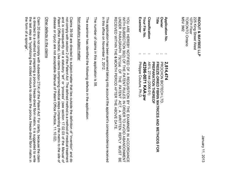 Document de brevet canadien 2514474. Poursuite-Amendment 20130111. Image 1 de 2