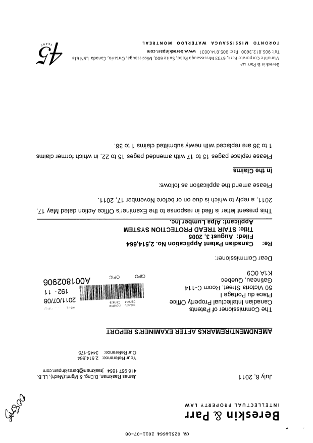 Canadian Patent Document 2514664. Prosecution-Amendment 20110708. Image 1 of 15