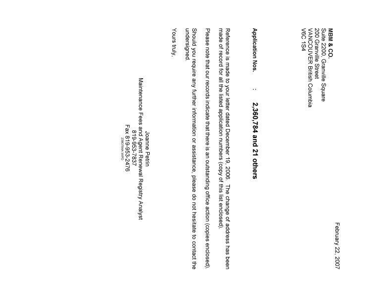Document de brevet canadien 2514762. Correspondance 20070222. Image 1 de 1