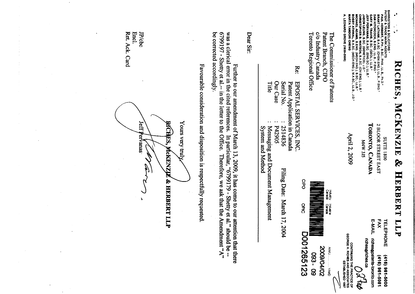 Canadian Patent Document 2514836. Prosecution-Amendment 20090402. Image 1 of 2