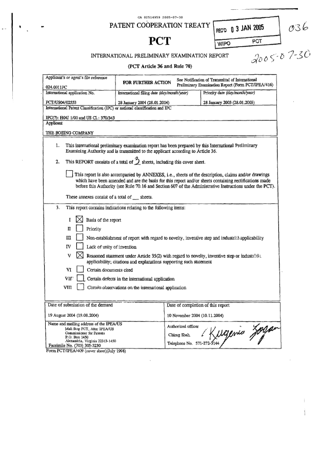 Document de brevet canadien 2514959. PCT 20050730. Image 1 de 3