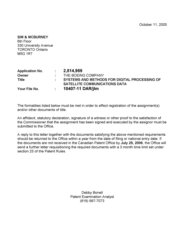 Canadian Patent Document 2514959. Correspondence 20051006. Image 1 of 1