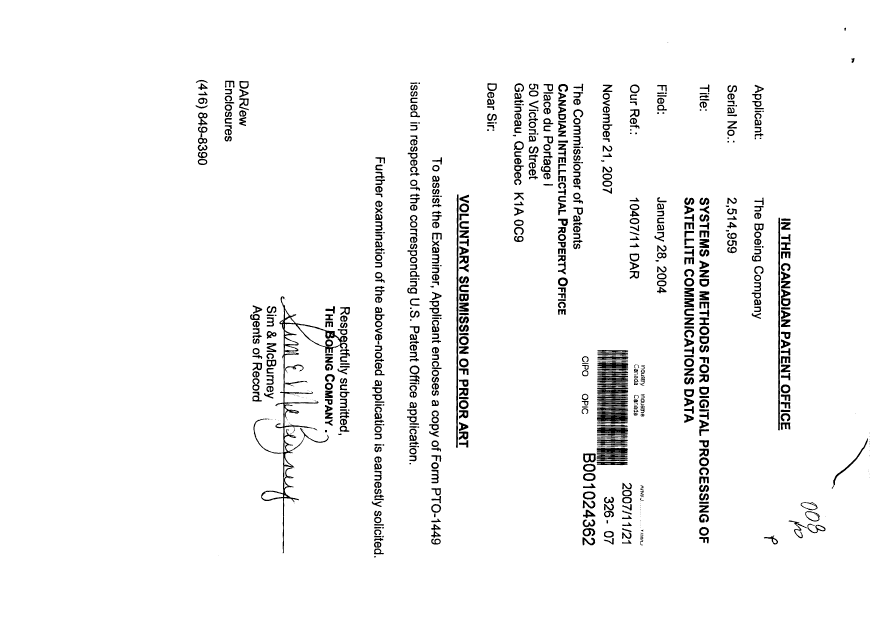 Canadian Patent Document 2514959. Prosecution-Amendment 20071121. Image 1 of 1