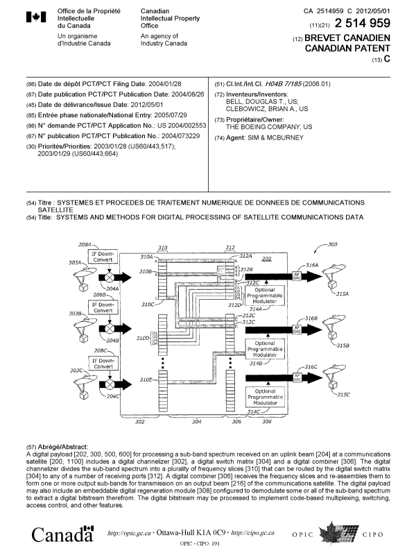Document de brevet canadien 2514959. Page couverture 20120404. Image 1 de 1