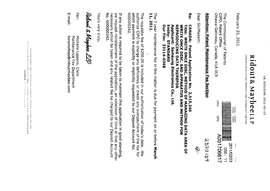 Document de brevet canadien 2515246. Taxes 20110223. Image 1 de 1