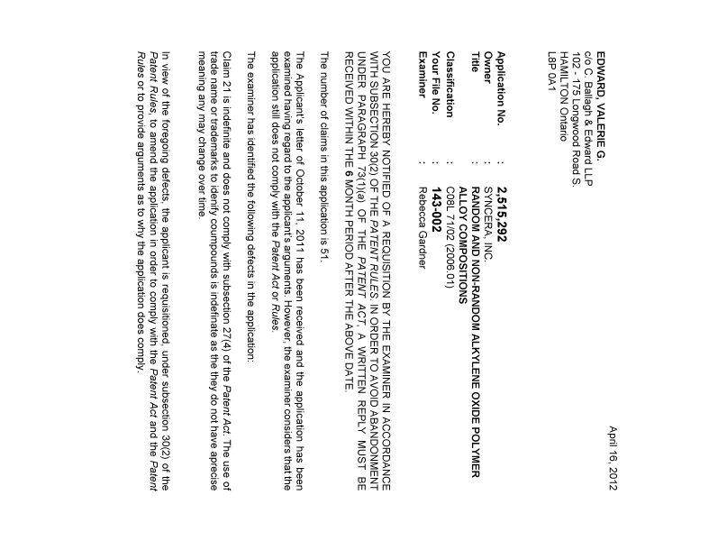 Document de brevet canadien 2515292. Poursuite-Amendment 20120416. Image 1 de 2