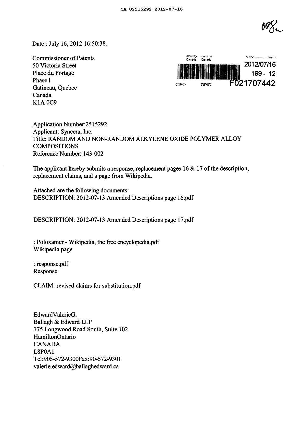 Canadian Patent Document 2515292. Prosecution-Amendment 20120716. Image 1 of 14