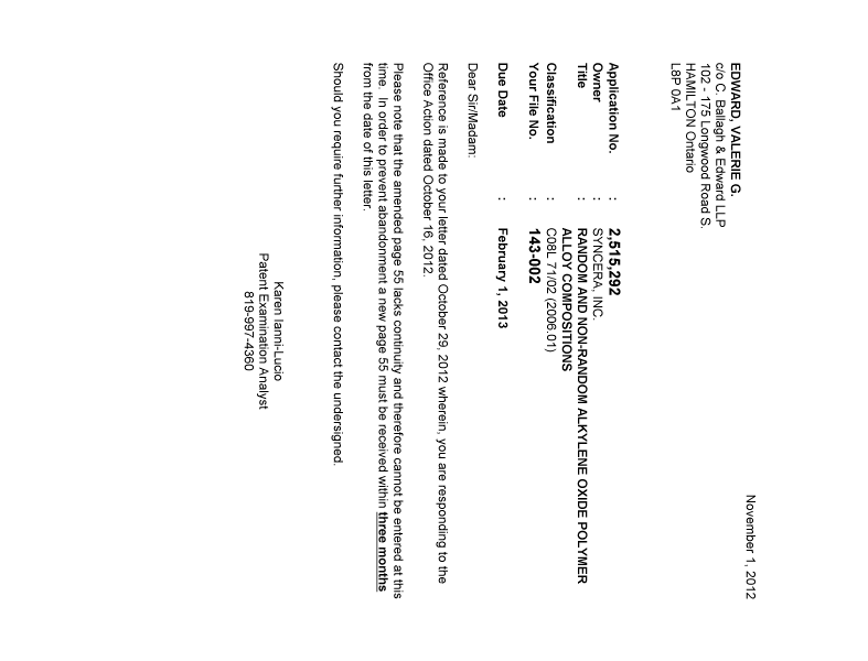 Document de brevet canadien 2515292. Correspondance 20121101. Image 1 de 1