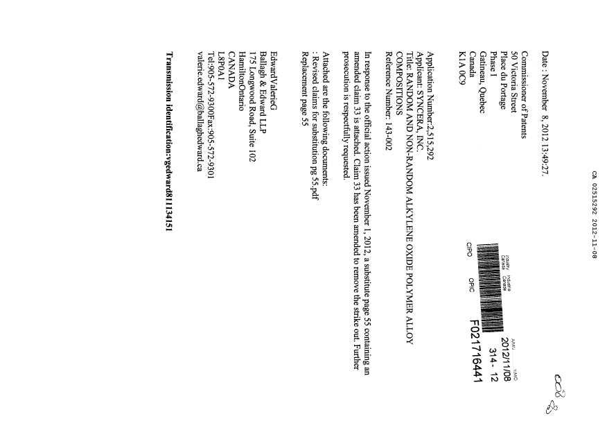 Document de brevet canadien 2515292. Poursuite-Amendment 20121108. Image 1 de 2