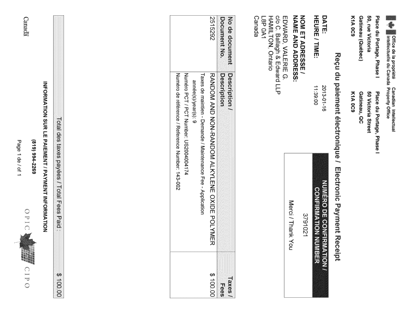 Document de brevet canadien 2515292. Taxes 20130116. Image 1 de 1